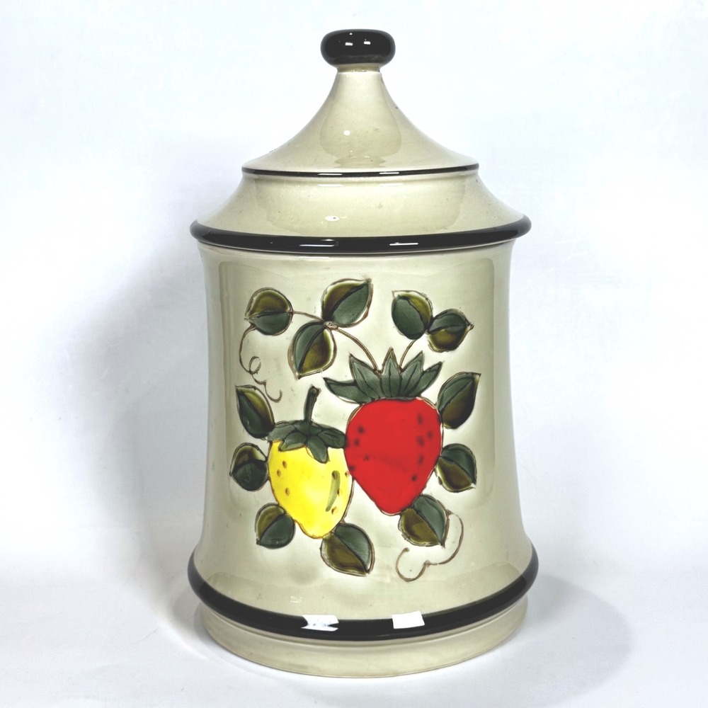 Vintage Strawberry Canister Cookie Jar Large 10" Speckled Ceramic Made in Japan